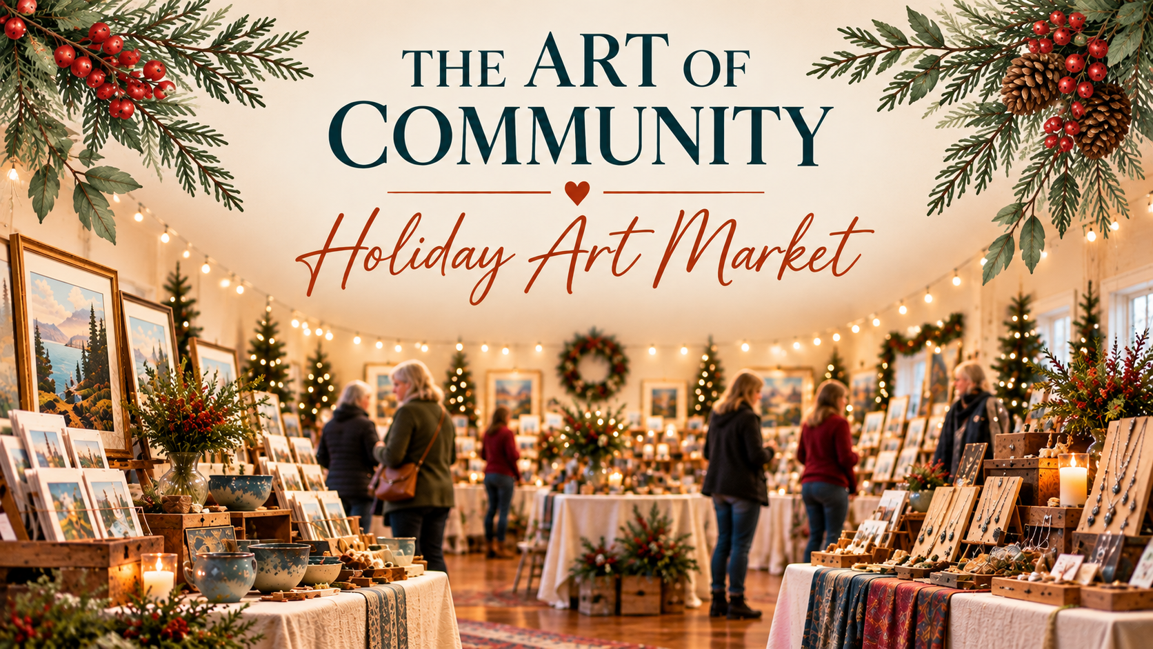 Holiday art market inside Baby Island Saratoga Club, featuring local artists, seasonal displays, and community shopping.