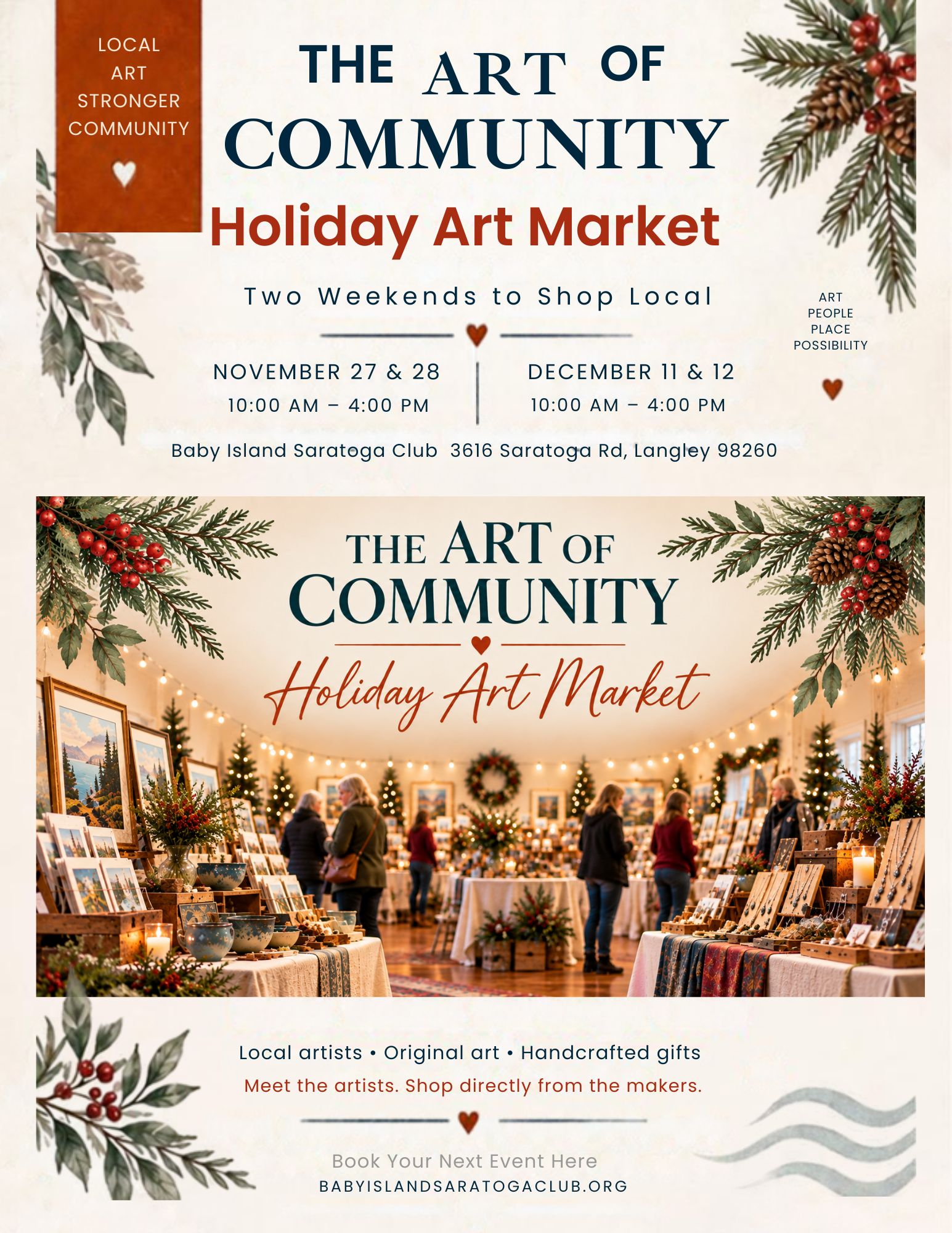 Holiday art market at Baby Island Saratoga Club featuring local artists and seasonal displays flyer